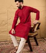 Men maroon rayon blend solid embroidered straight kurta