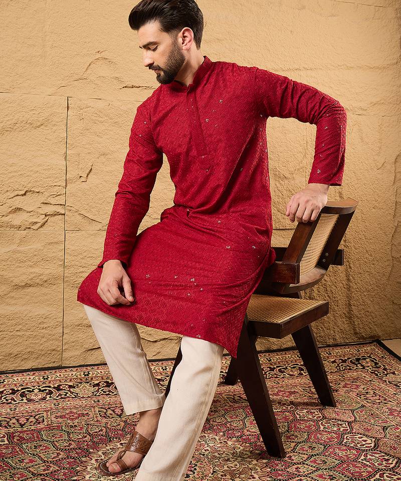 Men maroon rayon blend solid embroidered straight kurta