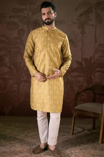 Men mustard silk blend ethnic motifs printed straight kurta with trouser
