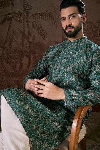 Men sea green silk blend ethnic motifs printed straight kurta with trouser