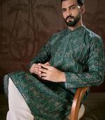 Men sea green silk blend ethnic motifs printed straight kurta with trouser