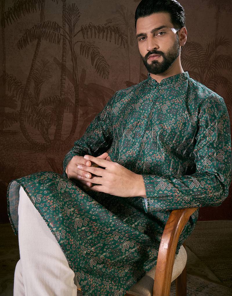 Men sea green silk blend ethnic motifs printed straight kurta with trouser