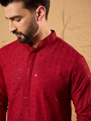 Men maroon rayon blend solid embroidered straight kurta 2