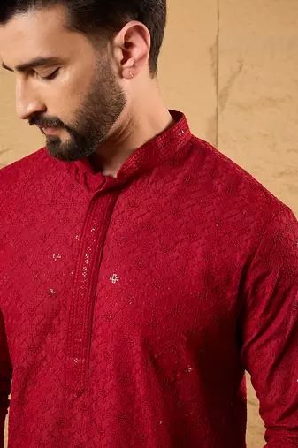 Men maroon rayon blend solid embroidered straight kurta
