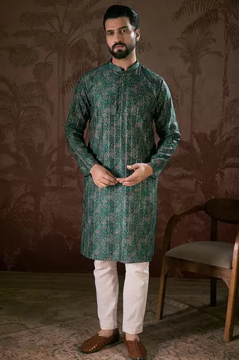 Men sea green silk blend ethnic motifs printed straight kurta with trouser
