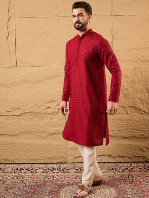 Men maroon rayon blend solid embroidered straight kurta 3