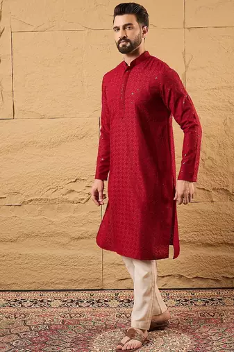 Men maroon rayon blend solid embroidered straight kurta