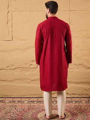 Men maroon rayon blend solid embroidered straight kurta 4