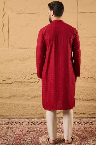 Men maroon rayon blend solid embroidered straight kurta