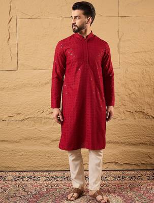 Men maroon rayon blend solid embroidered straight kurta 5