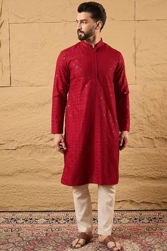 Men maroon rayon blend solid embroidered straight kurta