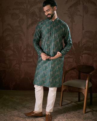 Men sea green silk blend ethnic motifs printed straight kurta with trouser 5