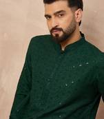 Men green viscose rayon solid embroidered straight kurta