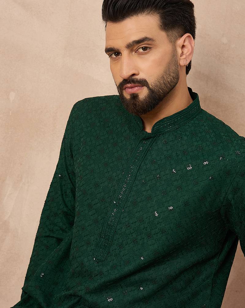 Men green viscose rayon solid embroidered straight kurta