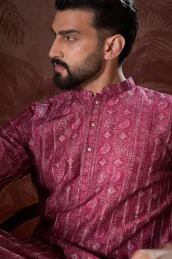 Men maroon silk blend ethnic motifs printed straight kurta with trouser