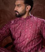 Men maroon silk blend ethnic motifs printed straight kurta with trouser