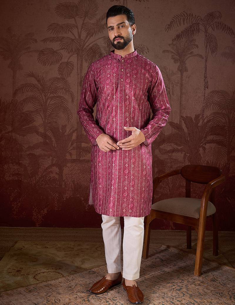 Men maroon silk blend ethnic motifs printed straight kurta with trouser