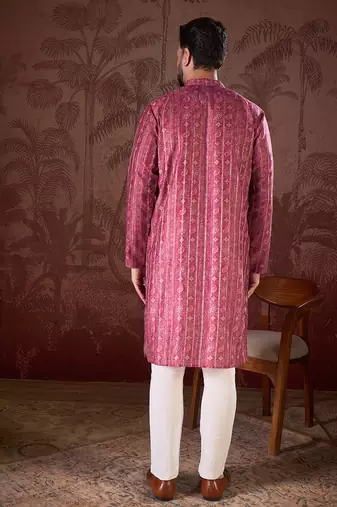 Men maroon silk blend ethnic motifs printed straight kurta with trouser