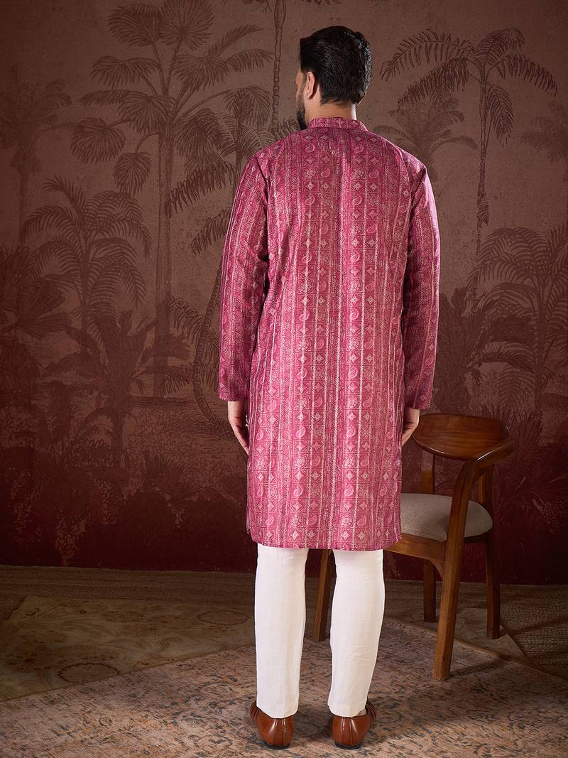 Men maroon silk blend ethnic motifs printed straight kurta with trouser