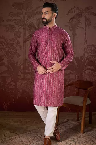 Men maroon silk blend ethnic motifs printed straight kurta with trouser