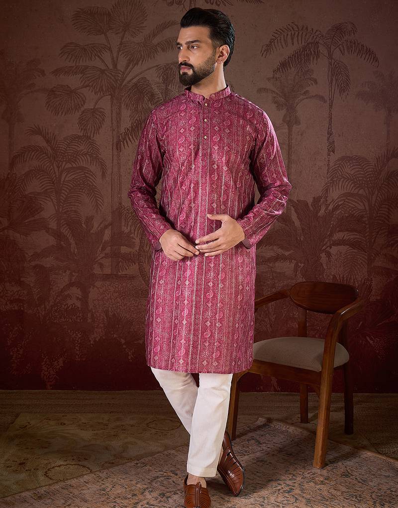 Men maroon silk blend ethnic motifs printed straight kurta with trouser