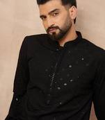 Men black viscose rayon solid embroidered straight kurta