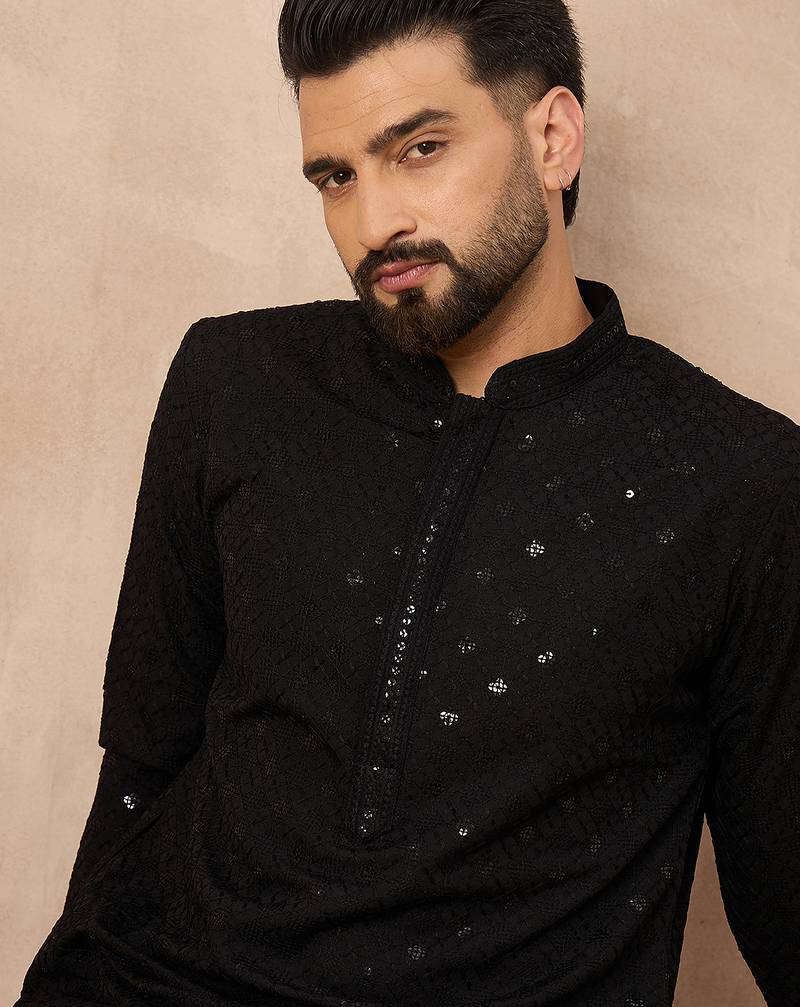 Men black viscose rayon solid embroidered straight kurta