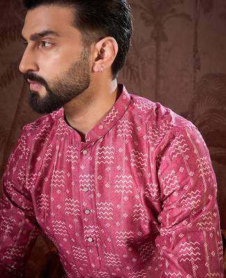 Men pink silk blend ethnic motifs printed straight kurta with trouser 1