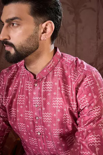 Men pink silk blend ethnic motifs printed straight kurta with trouser