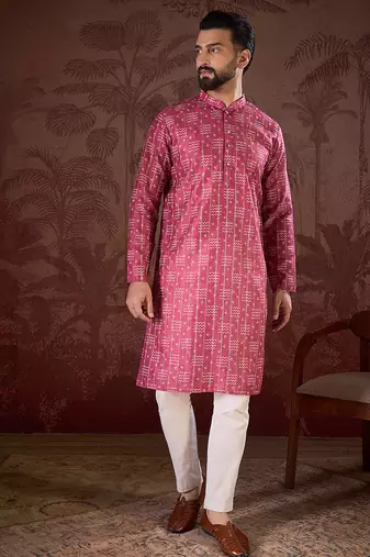 Men pink silk blend ethnic motifs printed straight kurta with trouser
