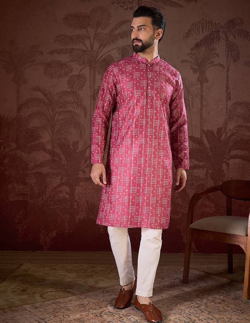 Men pink silk blend ethnic motifs printed straight kurta with trouser