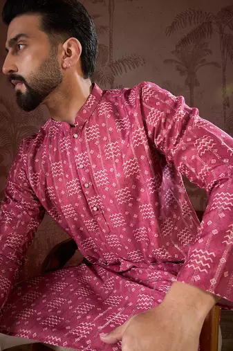 Men pink silk blend ethnic motifs printed straight kurta with trouser