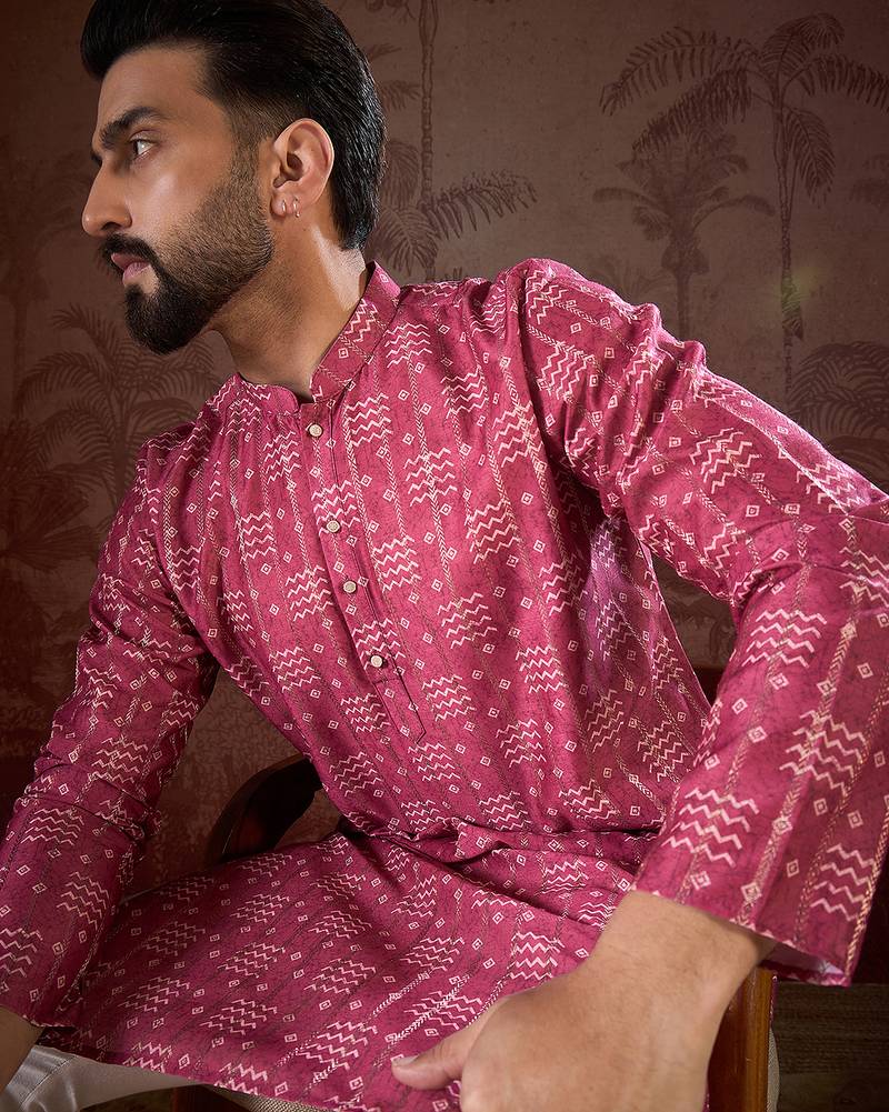 Men pink silk blend ethnic motifs printed straight kurta with trouser