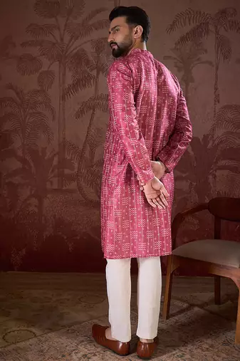 Men pink silk blend ethnic motifs printed straight kurta with trouser