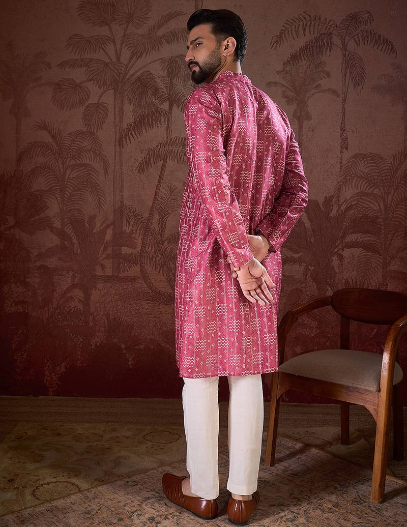 Men pink silk blend ethnic motifs printed straight kurta with trouser