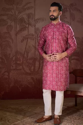 Men pink silk blend ethnic motifs printed straight kurta with trouser
