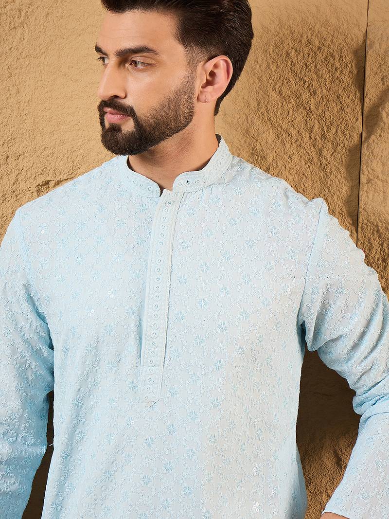 Men blue rayon blend solid embroidered straight kurta