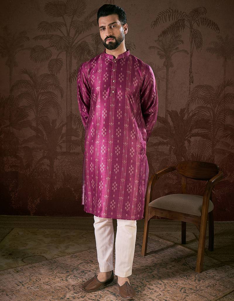 Men purple silk blend floral printed straight kurta with trouser