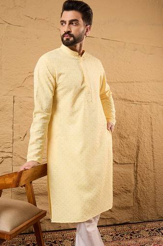 Men yellow rayon blend solid embroidered straight kurta