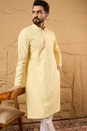 Men yellow rayon blend solid embroidered straight kurta