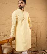 Men yellow rayon blend solid embroidered straight kurta