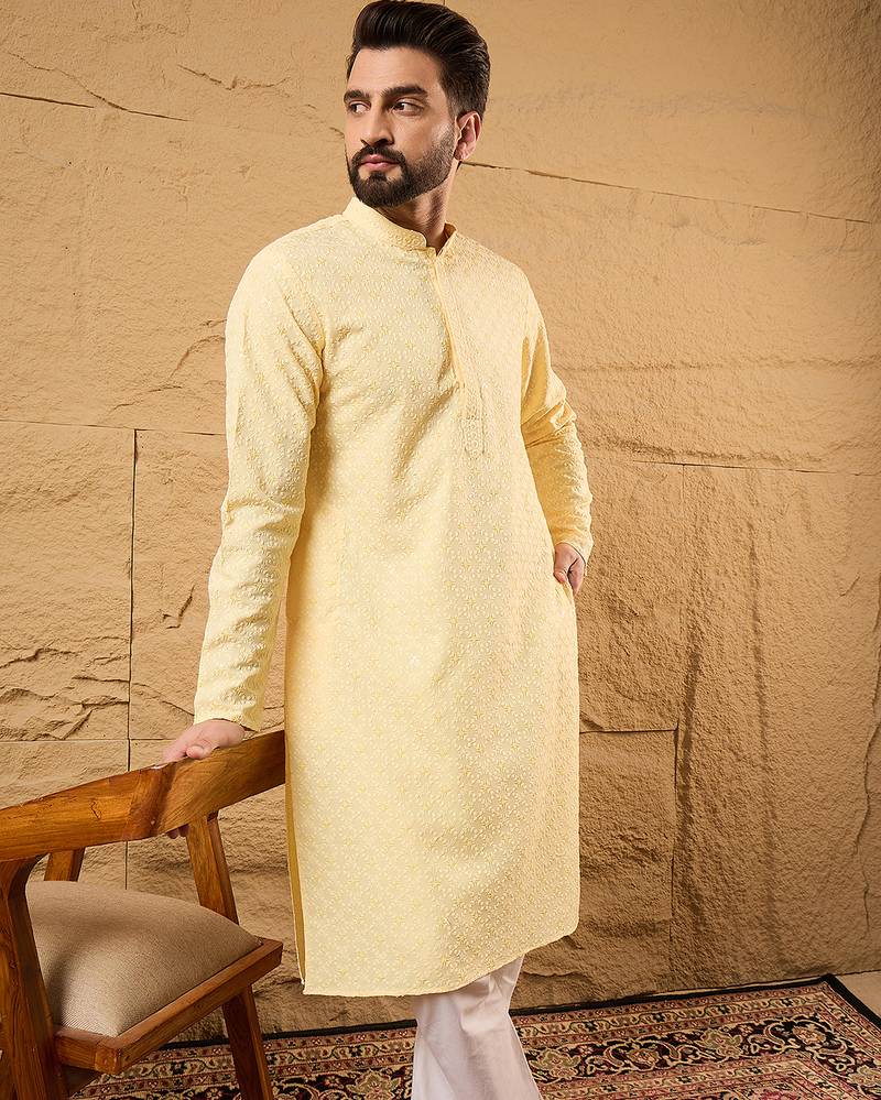 Men yellow rayon blend solid embroidered straight kurta