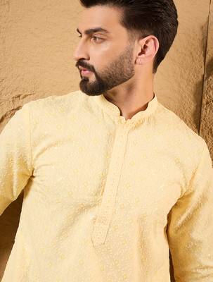 Men yellow rayon blend solid embroidered straight kurta 2
