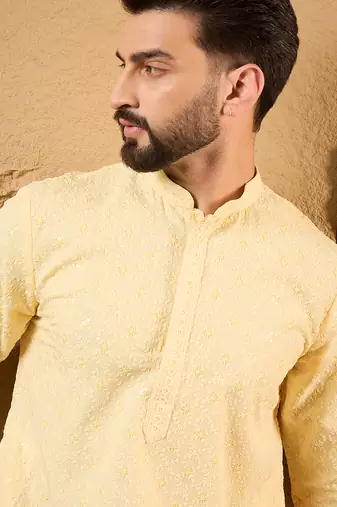Men yellow rayon blend solid embroidered straight kurta