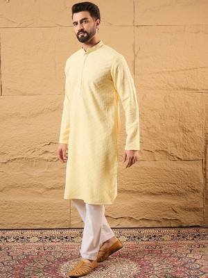 Men yellow rayon blend solid embroidered straight kurta 3