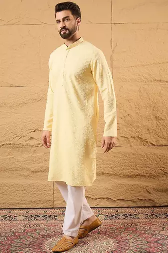 Men yellow rayon blend solid embroidered straight kurta