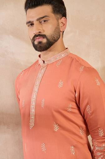 Men peach vartican solid embroidered straight kurta sets