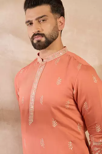 Men peach vartican solid embroidered straight kurta sets