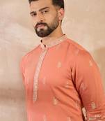 Men peach vartican solid embroidered straight kurta sets