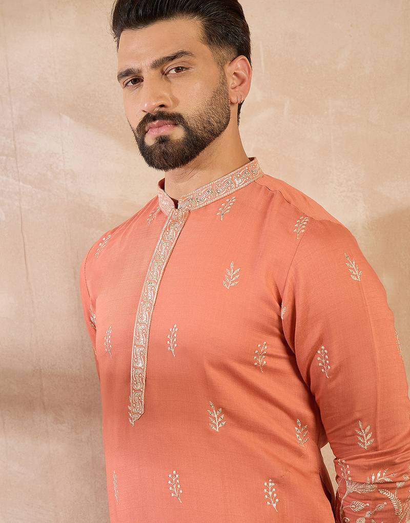Men peach vartican solid embroidered straight kurta sets